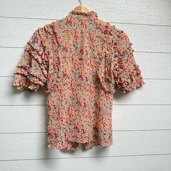 Rebecca Taylor | Silk & Cotton Pink Speckled Ruffle Ruched Blouse - Size 2 - Picture 9 of 14